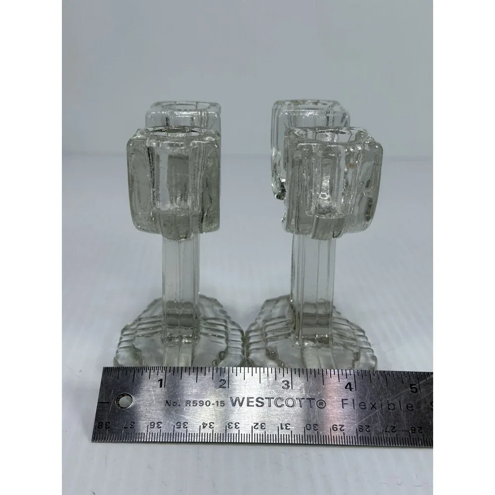Vtg Pair Anchor‎ Hocking Art Deco Glass Candlestick Candle Holders QUEEN MARY